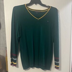 Tommy Hilfiger women's V-Neck Sweater in Green with Multicolor Accents